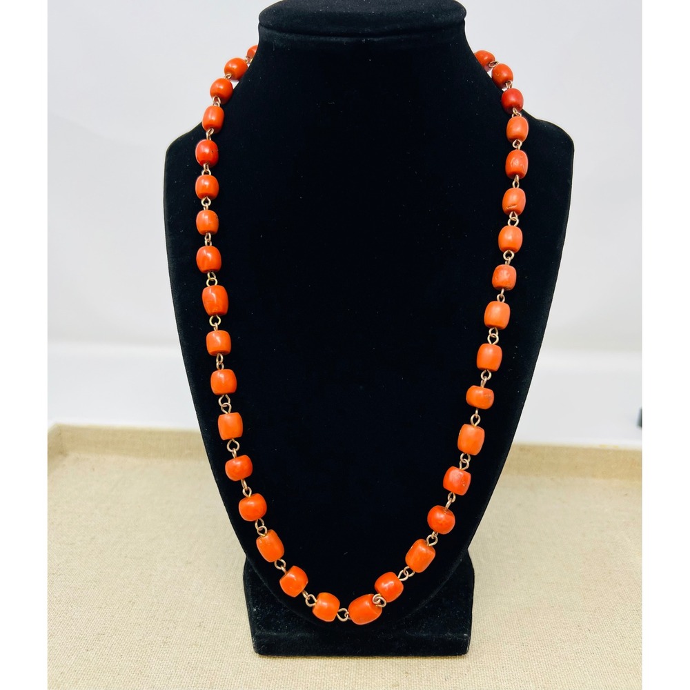 Vintage 10k Gold Natural Red Coral Barrel Bead Necklace Continuous Strand